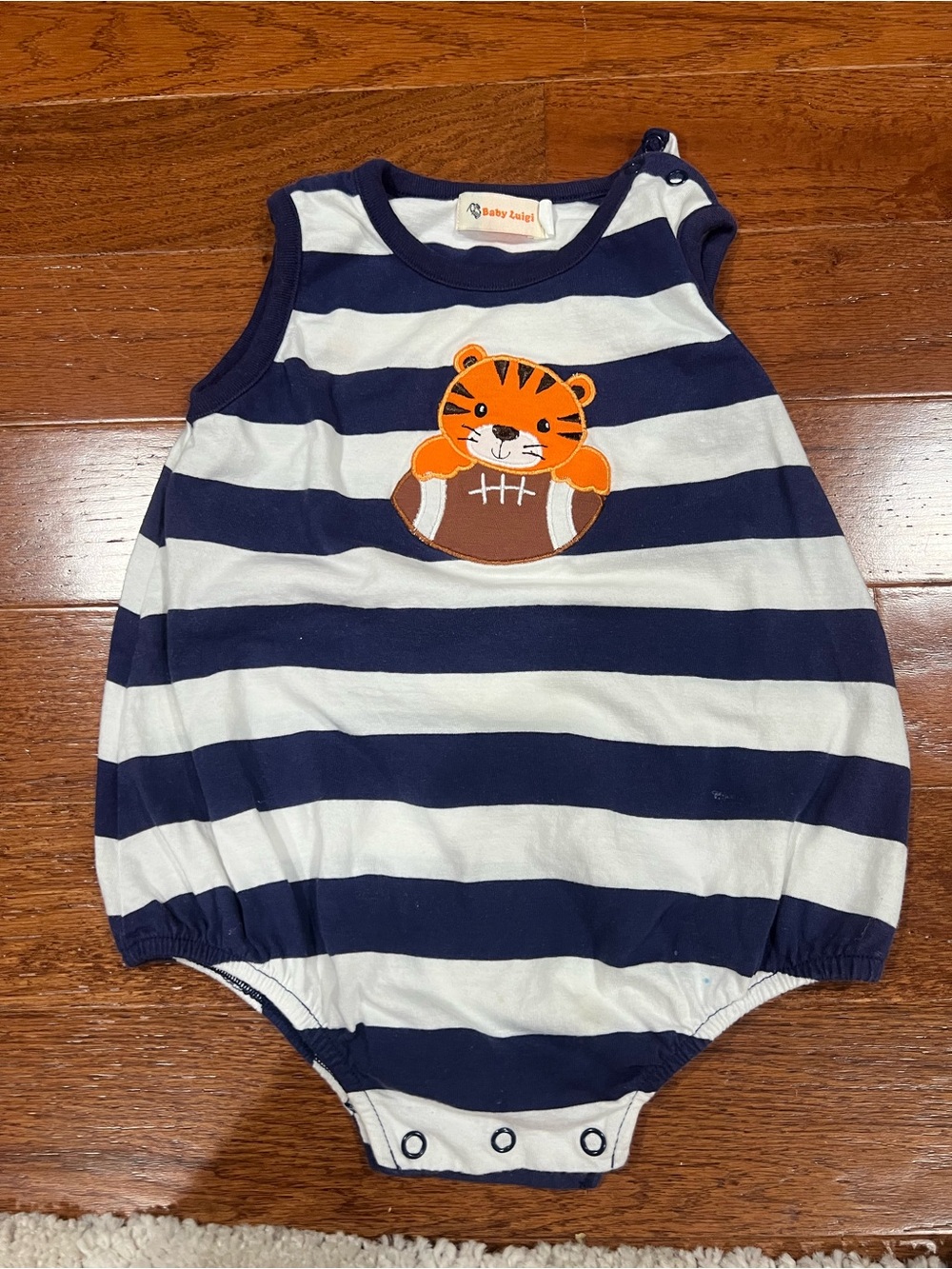 Baby Luigi Striped Navy & White Baby Romper with Tiger Football Applique